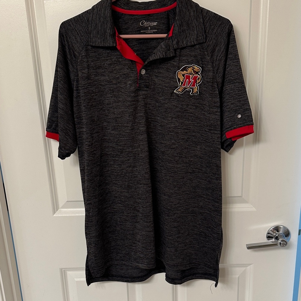 University of Maryland Men's Charcoal Polo with Red Highlights